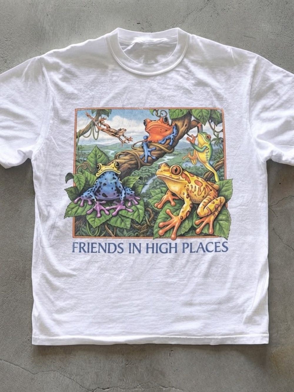 Gildan White Graphic Tee with Multicolored Frog Illustration